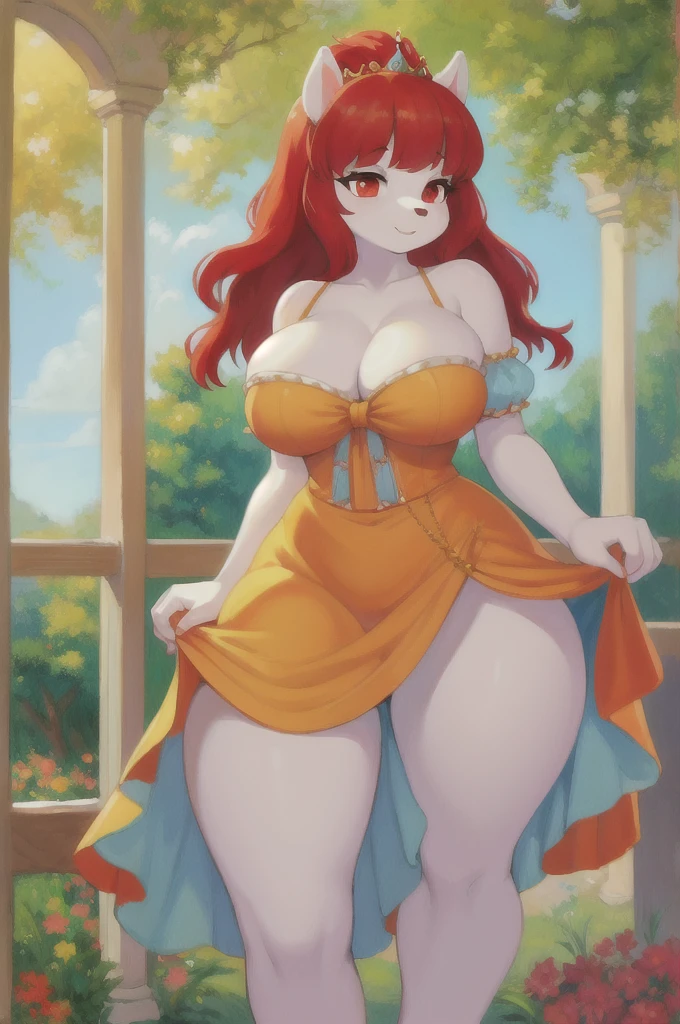 uploaded on e621, questionable content, an extremely talented impressionist painting of a white pony furry fluffy anthro maiden, cleavage, busty, curvy, big breasts, soft, squishy, pudgy, belly, (colorful dress), sexy legs, red eyes, red hair, princess pose, showing butt