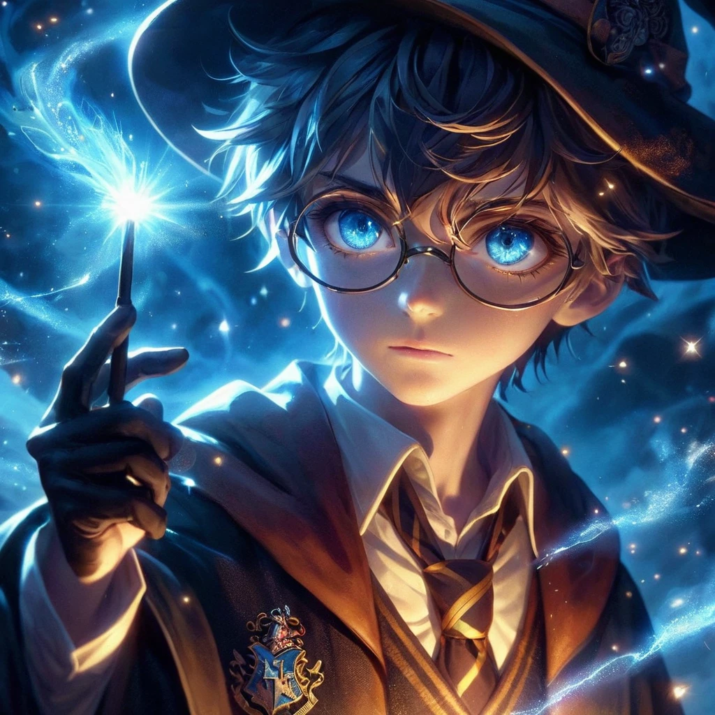 1garçon, à la manière de Harry Potter, Anime en images de synthèse, chasseur de démoniste, Dessin animé 2.5D, ((plus détaillé, Amélioré_anime à thème)), détails complexes, Beaux yeux détaillés, beau nez détaillé, belles lèvres détaillées, visage extrêmement détaillé, long cils, Poudlard , tenant la baguette, effet magique, Fantaisie sombre, Éclairage cinématographique, ombres dramatiques, couleurs vives, art fantastique, style artistique conceptuel voyageur du temps, avec un livre magique