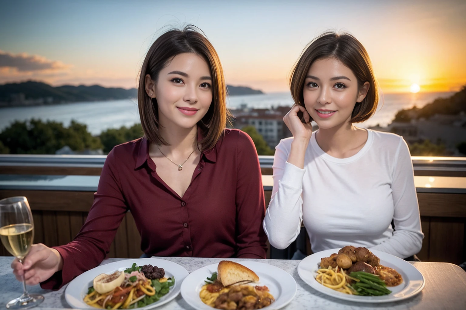(Realistic:1.1),(masterpiece,Highest quality),8k,(37 years old), 42 years old, slimカップル、Model Couple、actress/actor、Tight waist,Upper Body,full-course dinner、wine 、Amazing view of the sunset sky and clouds、Perfect Anatomy, Brown Hair, short hair,Random Hairstyles,((Highly detailed face and eyes:1.2))(cute顔:1.4),美しいactressの顔,Perfect golden ratio face,Long sleeve shirt、dress,(smile:1.2)、Shortcuts、cute、(Realistic, Intricate details:1.2), A bright smile、short hair,Bright Face、赤wine 、Appetizers、Italian food、wine bottle、Champagne、スパークリングwine、(slimな顔), (The body is slim), (Brown Hair), (Shortcuts), Upper Body, 白wine, slim, wineグラス,