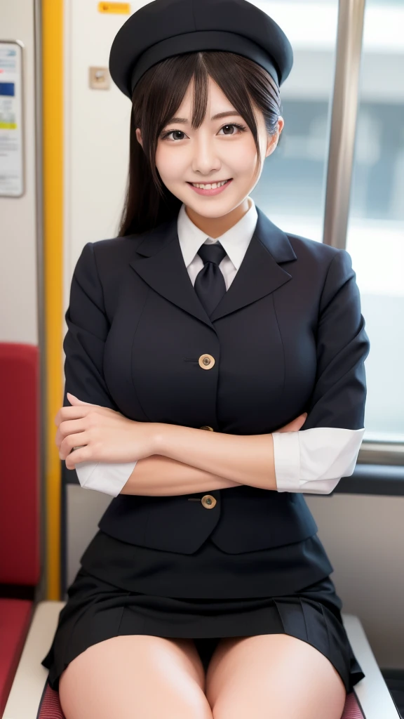 Masterpiece, top quality, very detailed, good anatomy, perfect anatomy, long hair, big breasts, promising smile, dark hair, beautiful face, blush, beautiful eyes, 22 years old, mature, perfect hands , perfect fingers, blush, Japanese stewardess black uniform, black pencik mini
Skirt uniform, hat,