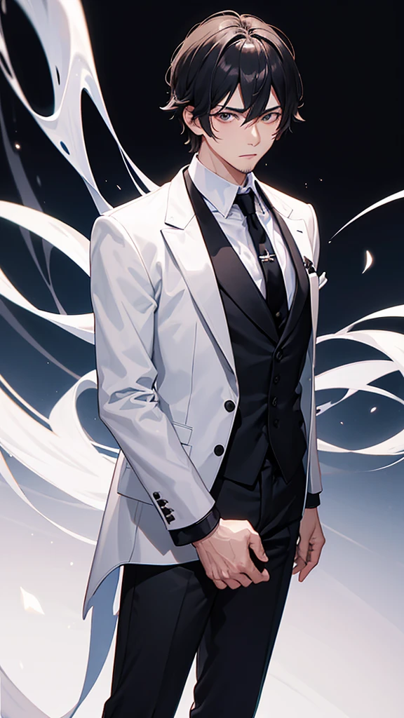 male、30 years old、less beard、Tired face、Glaring eyes、Long bangs、7:3 parting、Shot from the thigh up、Are standing、looking at the camera、Black suit、Black tie、White shirt、Plain background