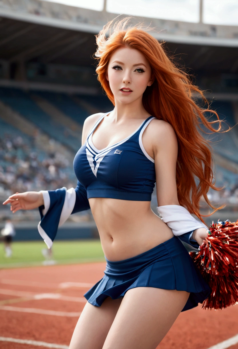 ultra realistic, photography, long red hair, girl, 24 years old, hourglass figure, perfect body, Flirty look, extremely detailed artgerm, in the style artgerm, small breasts, facing the camera, lens 35 mm, blur background, in a stadium, wearing a cheerleader outfit, windy, skirt gets blown up, windy upskirt, strong wind, skirt blows up, wind blows up skirt