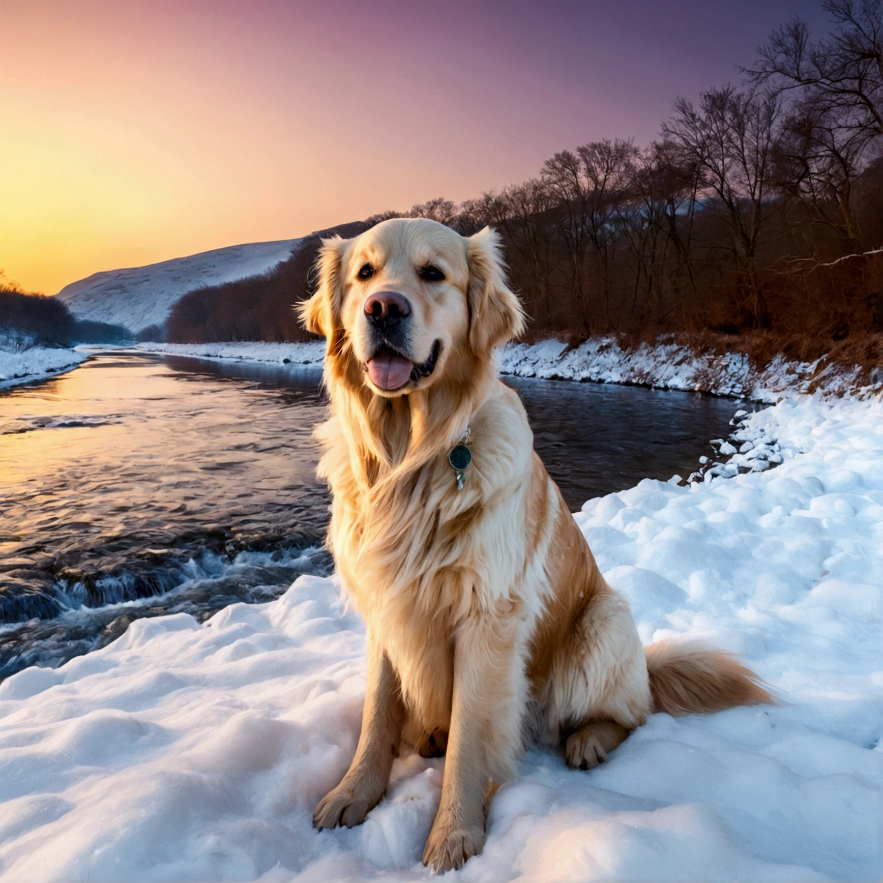 night, Golden Retriever, (white fur:1.3), 8k, extremely realistic, tense, cold, Highly detailed, sharp, professional, 8K  UHD, film, Outdoor, river, dramatic, perky, tense atmosphere, rendering, epic, nightfall, HDR, Albumcover, blizzard, Auf einem Felsen im river stehend