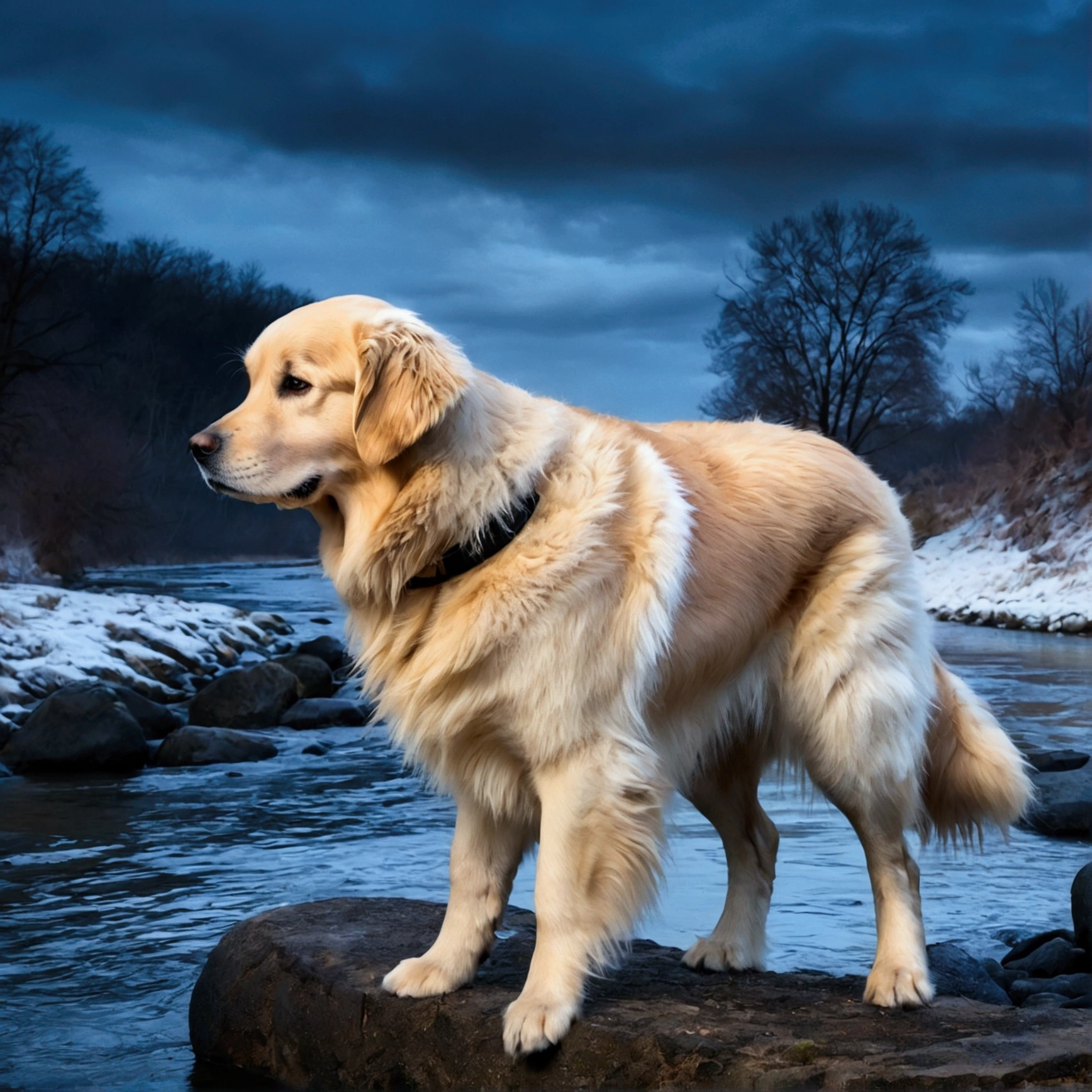 night, Golden Retriever, (white fur:1.3), 8k, extremely realistic, tense, cold, Highly detailed, sharp, professional, 8K UHD, film, Outdoor, river, dramatic, perky, tense atmosphere, rendering, epic, nightfall, HDR, Albumcover, blizzard, Auf einem Felsen im river stehend