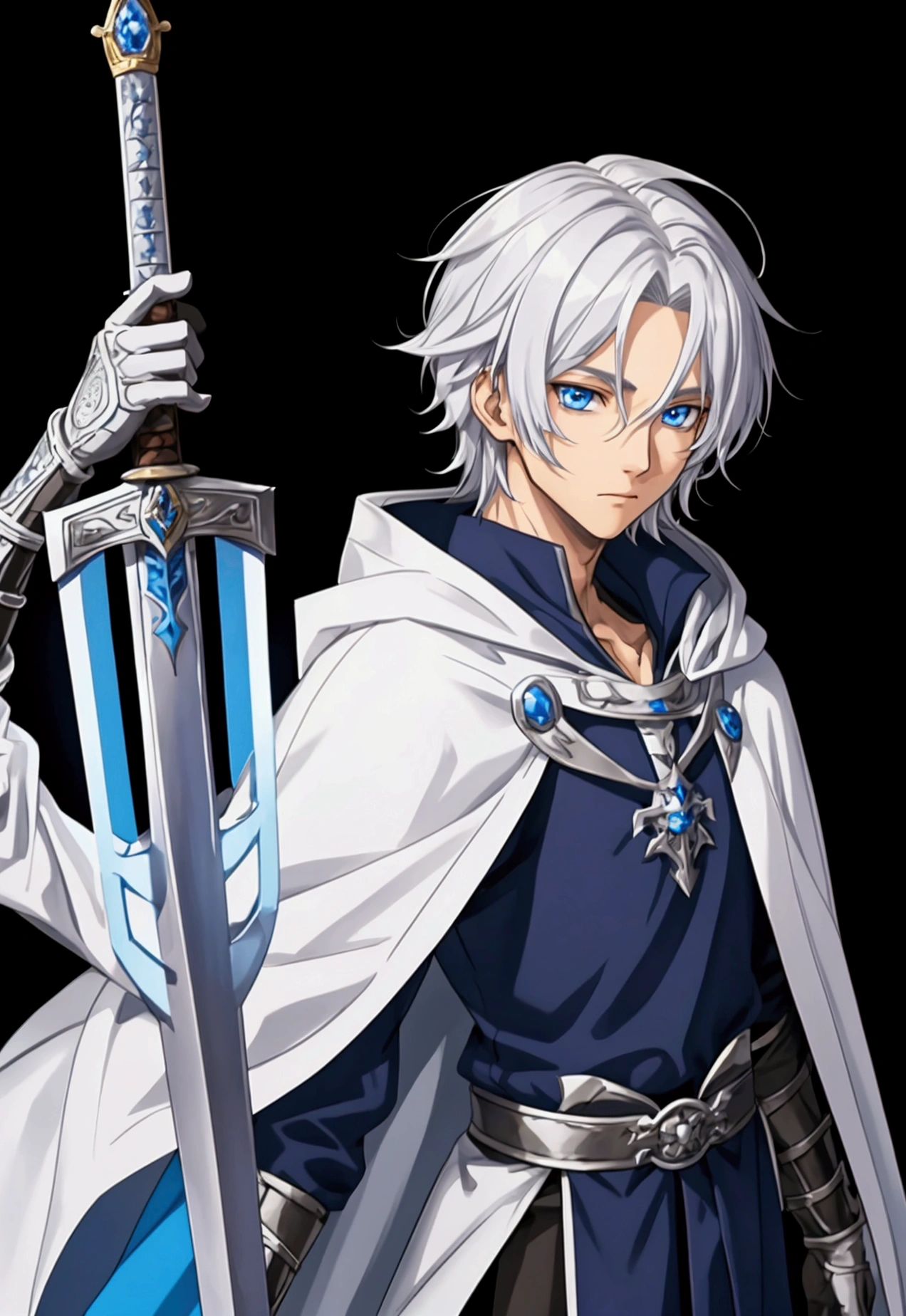 Wizard a young man, he has a silver hair and blue eyes, he wear a hood and wear gloves , hold sword with hand.