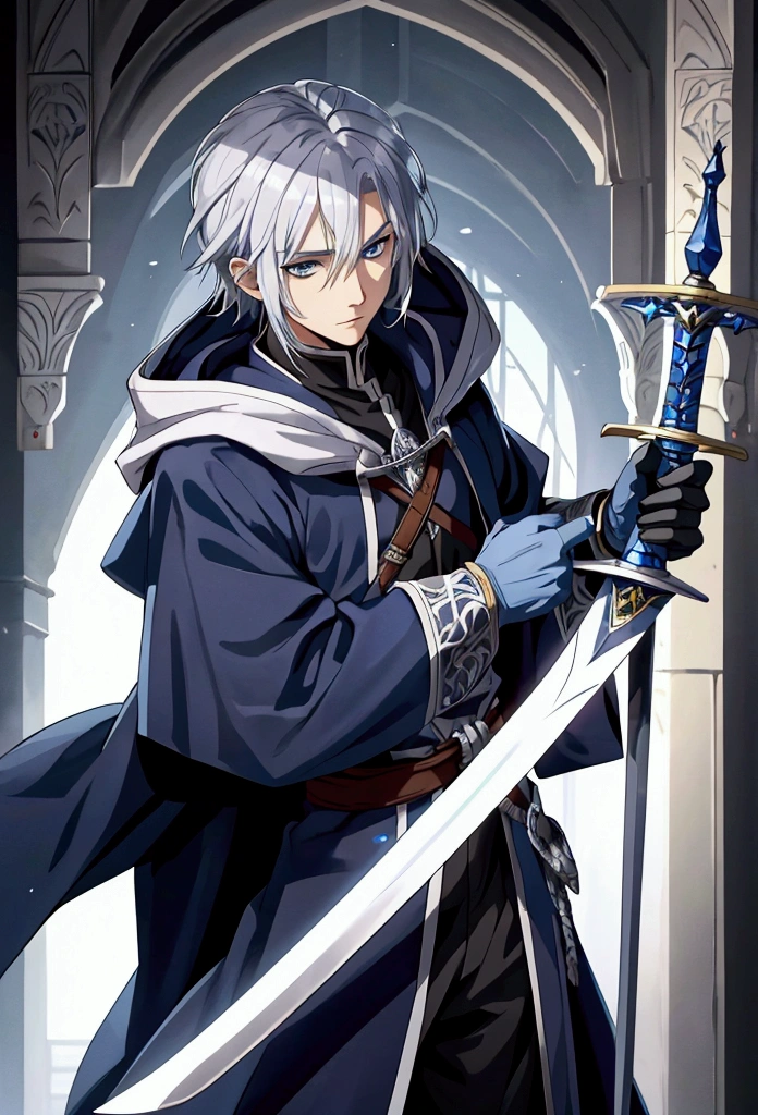 Wizard a young man, he has a silver hair and blue eyes, he wear a hood and wear gloves , hold sword with hand.