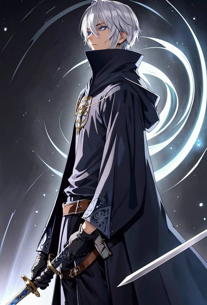 Wizard a young man, he has a silver hair and blue eyes, he wear a hood and wear gloves , hold sword with hand.