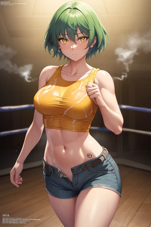 masterpiece,best quality,high resolution,8K,ultra HD,wallpaper,illustration,beautiful detailed eyes,perfect face,cowboy shot,beautiful detailed eyes,extremely detailed face,perfect lighting,extremely detailed CG,perfect hands,perfect anatomy,perfect body,perfect hands,perfect fingers,1woman,full body,megami magazine,(muscle fighter:1.1),light green short hair,yellow eyes,large breasts,Medium ,medium nipples,sexy look pose,face and body forward,,yellow short shoulderless t-shirts,hot pants,clothed,cameltoe,Steam,wet,sweat,