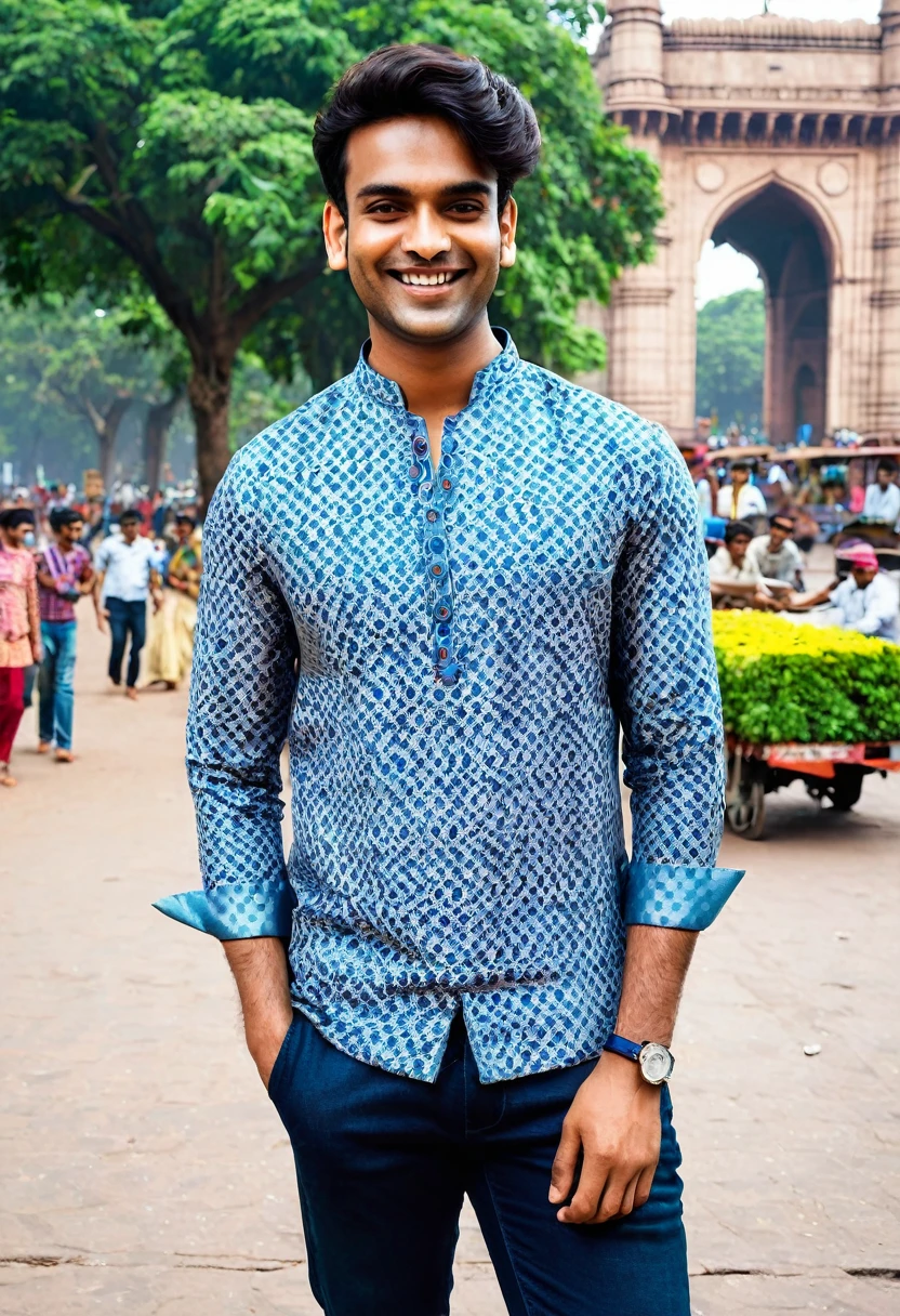 Design an AI influencer named Aarav, a 28-year-old tech-savvy entrepreneur from Mumbai. Aarav has a dusky complexion, expressive eye. His attire blends traditional and modern styles: a crisp kurta paired with jeans and leather sandals. Describe the intricate patterns on his kurta, the silver bracelet on his wrist, and the confident smile that reflects his success. Ensure the background includes elements like bustling streets, colorful rickshaws, or the Gateway of India. Aarav’s posts should resonate with Indian millennials, celebrating innovation, family values, and chai breaks.