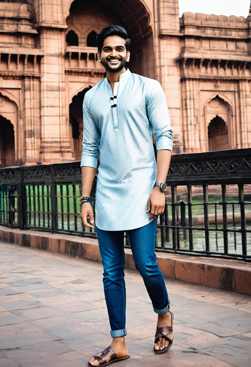 Design an AI influencer named Aarav, a 28-year-old tech-savvy entrepreneur from Mumbai. Aarav has a dusky complexion, expressive eye. His attire blends traditional and modern styles: a crisp kurta paired with jeans and leather sandals. Describe the intricate patterns on his kurta, the silver bracelet on his wrist, and the confident smile that reflects his success. Ensure the background includes elements like bustling streets, colorful rickshaws, or the Gateway of India. Aarav’s posts should resonate with Indian millennials, celebrating innovation, family values, and chai breaks.