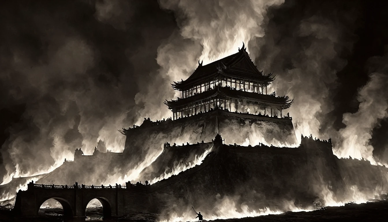 "High contrast, black and white, dramatic scene: Ancient Chinese palace engulfed in flames. Liu XuanTian, wounded, gripping his sword, faces Lao with cold determination."