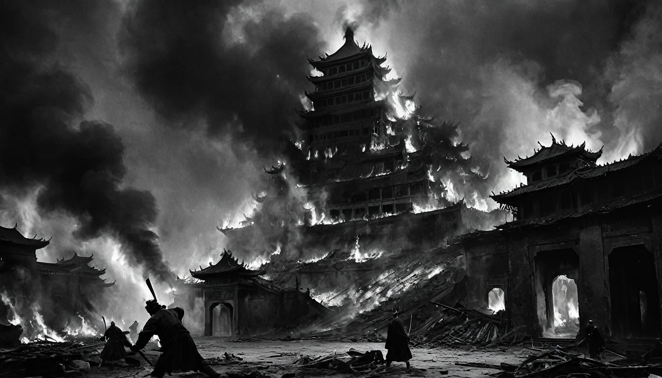"High contrast, black and white, dramatic scene: Ancient Chinese palace engulfed in flames. Liu XuanTian, wounded, gripping his sword, faces Lao with cold determination."