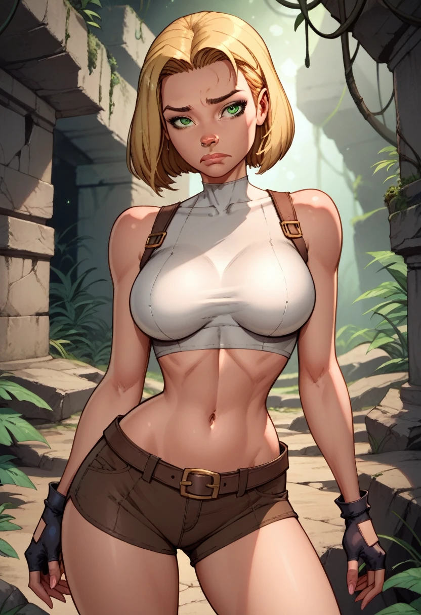 score_9, score_8_up, score_7_up,score_6_up, score_5_up, score_4_up, detailed soft lighting, 1girl, solo, large breasts, AchaseDG, hort hair, blonde hair, green eyes, plain white shirt, black gloves, crop top, (tiny brown shorts:1.4), belt, fingerless gloves, (tight clothes:1.3), exploring jungle ruins, dynamic poses, tired, closed mouth, (masterpiece, best quality, highly detailed, beautiful).