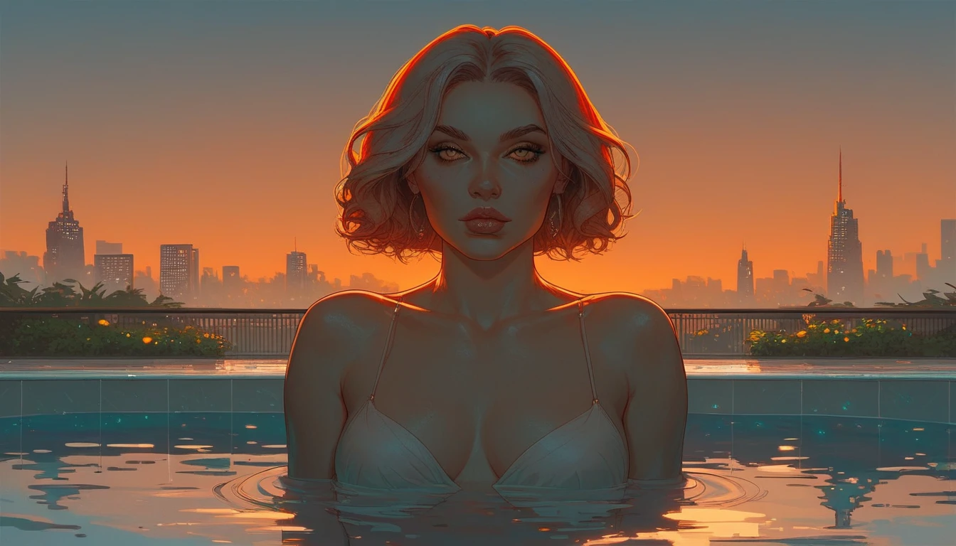score_9, score_8_up, score_8_up, front view , beautiful pool, sunset sky, orange purple sky, Los Angeles city skyline, city skyline in the background pool chairs, negative_hand, g0thicPXL, gta,(((No humans)))