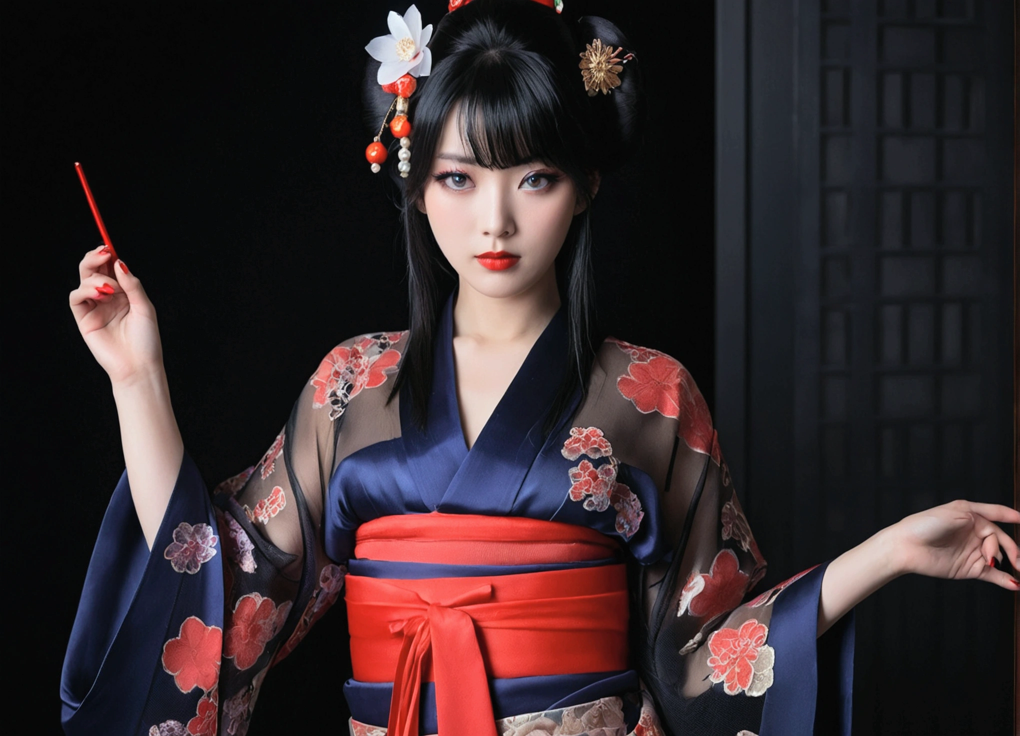 1 girl, alone, looking at the viewer, blue eyes, black hair, hair ornaments, Upper body, kimono, kimono, sash, compensate, lipstick, red nails, red lips, Hairpin,silk stockings ,See-through hakama, dark purple eyes,Navy blue kimono on black background ,Open Crotch See-Through,Black face veil , black nylon , silk stockings ,See-through hakama、A transparent black kimono ,Sheer lingerie,enamel high heels,pearl necklace,red collar,straight, shortcut, hair ornaments, kimono