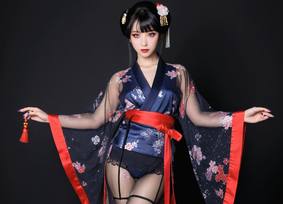 1 girl, alone, looking at the viewer, blue eyes, black hair, hair ornaments, Upper body, kimono, kimono, sash, compensate, lipstick, red nails, red lips, Hairpin,silk stockings ,See-through hakama， dark purple eyes，Navy blue kimono on black background　,Open Crotch See-Through,Black face veil , black nylon , silk stockings ,See-through hakama、A transparent black kimono　,Sheer lingerie,enamel high heels,pearl necklace,red collar,straight,　shortcut,　hair ornaments,　kimono