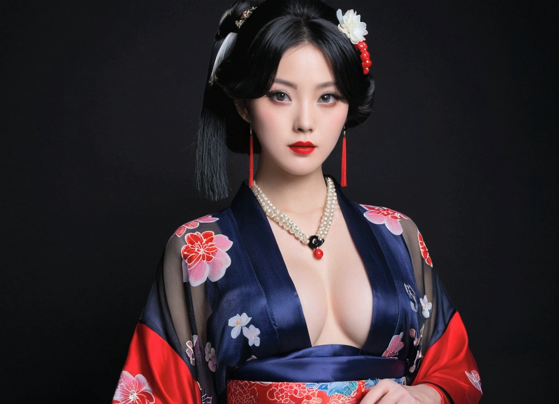1 girl, alone, looking at the viewer, blue eyes, black hair, hair ornaments, Upper body, kimono, kimono, sash, compensate, lipstick, red nails, red lips, Hairpin,silk stockings ,See-through hakama, dark purple eyes,Navy blue kimono on black background ,Open Crotch See-Through,Black face veil , black nylon , silk stockings ,See-through hakama、A transparent black kimono ,Sheer lingerie,enamel high heels,pearl necklace,red collar,straight, shortcut, hair ornaments, kimono
