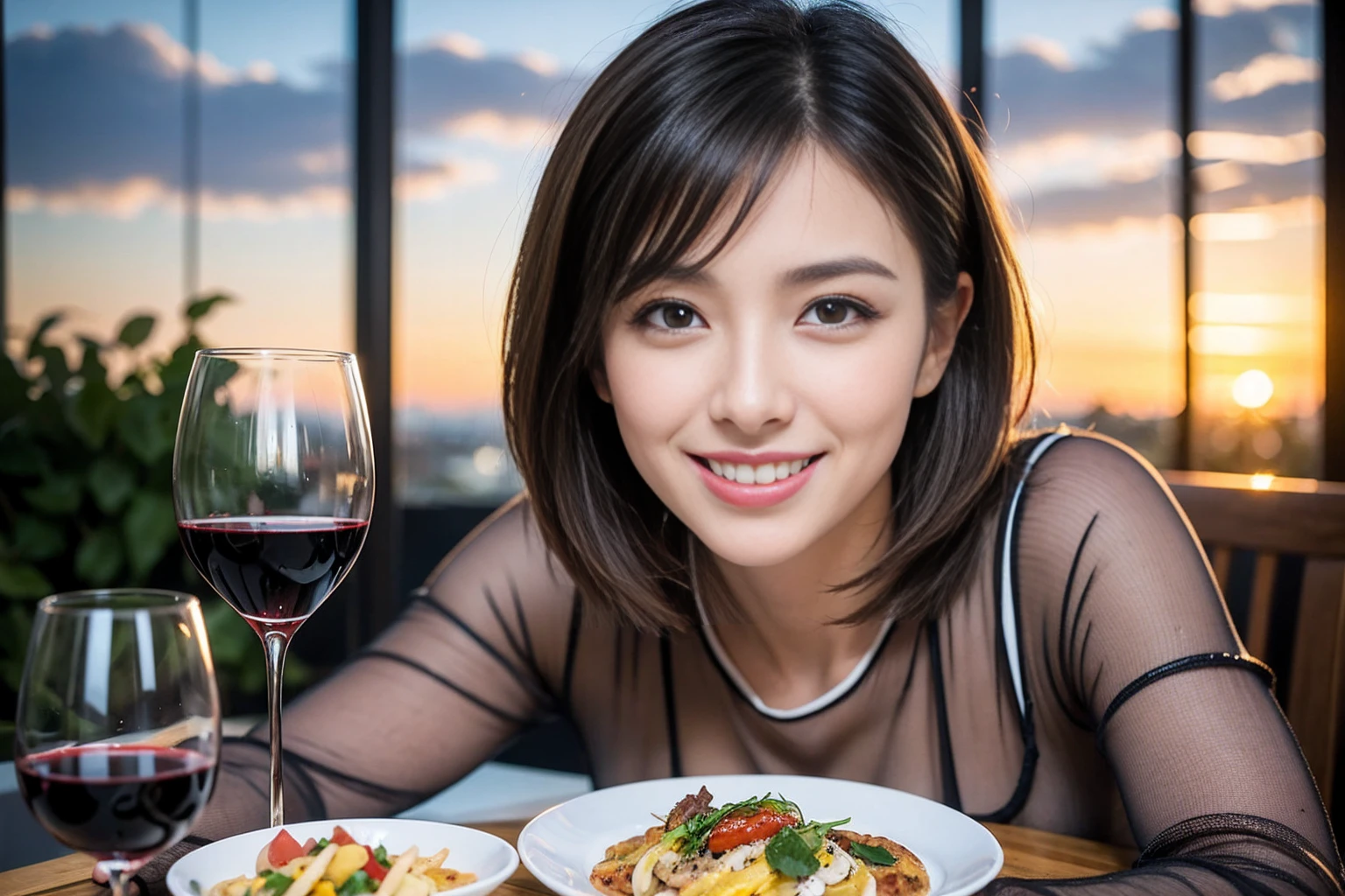 (Realistic:1.1),(masterpiece,Highest quality),8k,(36 years old), 42 years old, slimカップル、Model Couple、Actress/Actor、Tight waist,Upper Body,full-course dinner、wine 、Amazing view of the sunset sky and clouds、Perfect Anatomy, Brown Hair, Short Hair,Random Hairstyles,((Highly detailed face and eyes:1.2))(cute顔:1.4),Beautiful actress face,Perfect golden ratio face,Long sleeve shirt、dress,(smile:1.2)、Shortcuts、cute、(Realistic, Intricate details:1.2), A bright smile、short hair,Bright Face、赤wine 、Appetizers、Italian food、wine bottle、Champagne、スパークリングwine、(slimな顔), (The body is slim), (Brown Hair), (Shortcuts), Upper Body, 白wine, slim, wineグラス,
