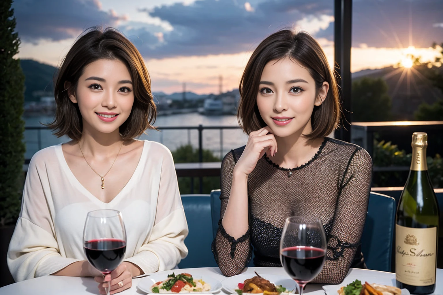 (Realistic:1.1),(masterpiece,Highest quality),8k,(36 years old), 42 years old, slimカップル、Model Couple、Actress/Actor、Tight waist,Upper Body,full-course dinner、wine 、Amazing view of the sunset sky and clouds、Perfect Anatomy, Brown Hair, Short Hair,Random Hairstyles,((Highly detailed face and eyes:1.2))(cute顔:1.4),Beautiful actress face,Perfect golden ratio face,Long sleeve shirt、dress,(smile:1.2)、Shortcuts、cute、(Realistic, Intricate details:1.2), A bright smile、short hair,Bright Face、赤wine 、Appetizers、Italian food、wine bottle、Champagne、スパークリングwine、(slimな顔), (The body is slim), (Brown Hair), (Shortcuts), Upper Body, 白wine, slim, wineグラス,