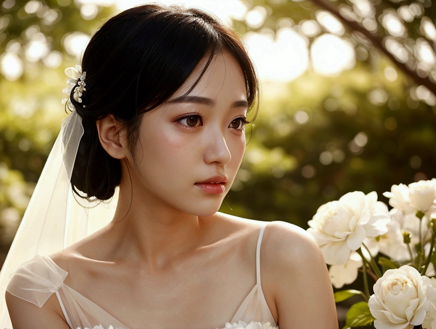 (sweat:0.7),Light yellow wedding dress,white short skirt,woman,japanese,exquisite face, beautiful face,bare shoulders,shoulders slightly exposed,translucent skin,black eyes,black hair,(photorealistic:1.4),realistic details, high resolution,bokeh,outstanding details