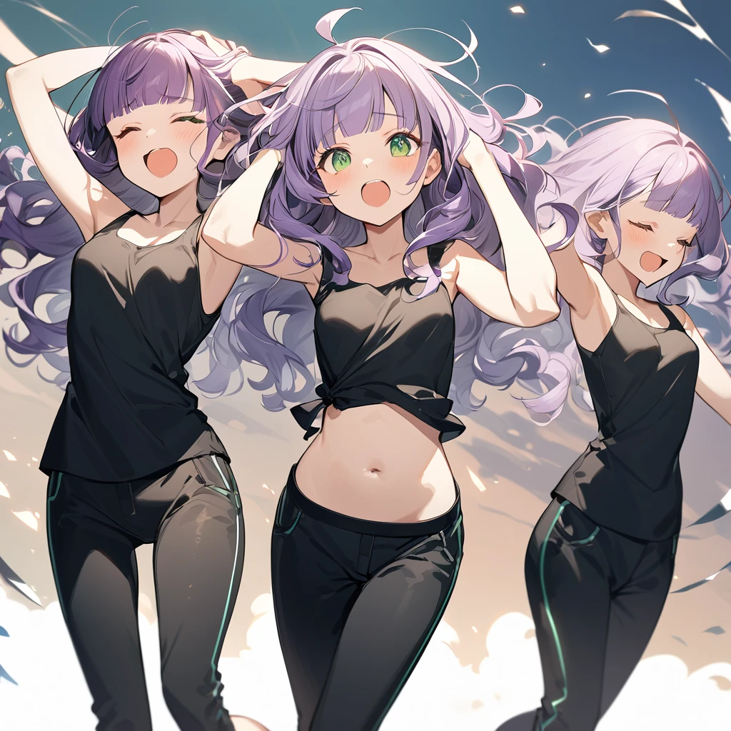 The girl closes her eyes and shouts loudly,pale-purple hair, a dynamic angle, wavy hair blowing in the wind, blunt bangs hair, black and green eyes,small breast, A black tank top showing her slim belly, black drawstring pants, The girl puts both hands on her head and poses with three fingers up, cowboy shot.