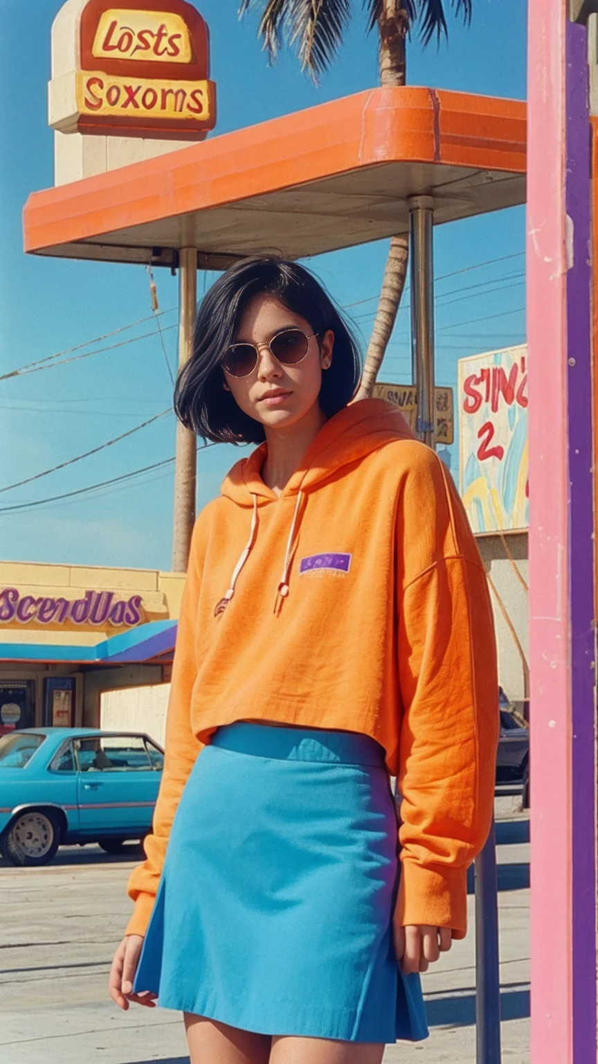  photo cinematic photograph long shot portraits by Wes Anderson, cute 23 yo girl ,fokus, bokeh ,wear ((orange color oversized_hoodie)), wear ((purple tennis skirt)),looking front,Best Quality,Masterpiece,Ultra High Resolution,(Realisticity:1.4),Original Photo, 1Girl, light leak,ultra high resolution,UHD,beautiful, (black bob hair), almond eye, no makeup, in front of ((80's colorful los angles gas station)), (realistic:1.2), (surreal:1.3), (very detailed:1.1), ((masterpiece)),summer, blue sky, palm trees,sunny, los angles vibes,film camera, 800mm lens,style of Philip Lorca diCorcia