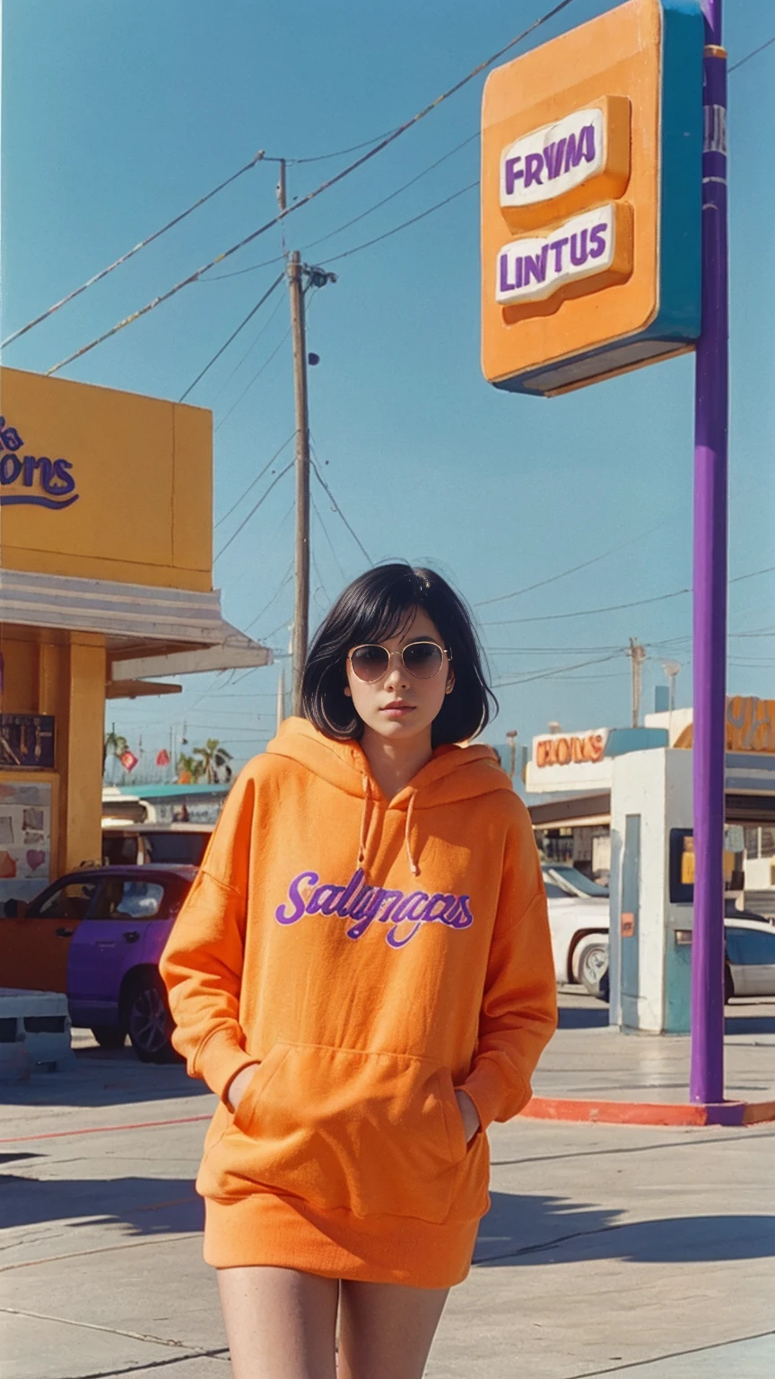 photo cinematic photograph long shot portraits by Wes Anderson, cute 23 yo girl ,fokus, bokeh ,wear ((orange color oversized_hoodie)), wear ((purple tennis skirt)),looking front,Best Quality,Masterpiece,Ultra High Resolution,(Realisticity:1.4),Original Photo, 1Girl, light leak,ultra high resolution,UHD,beautiful, (black bob hair), almond eye, no makeup, in front of ((80's colorful los angles gas station)), (realistic:1.2), (surreal:1.3), (very detailed:1.1), ((masterpiece)),summer, blue sky, palm trees,sunny, los angles vibes,film camera, 800mm lens,style of Philip Lorca diCorcia