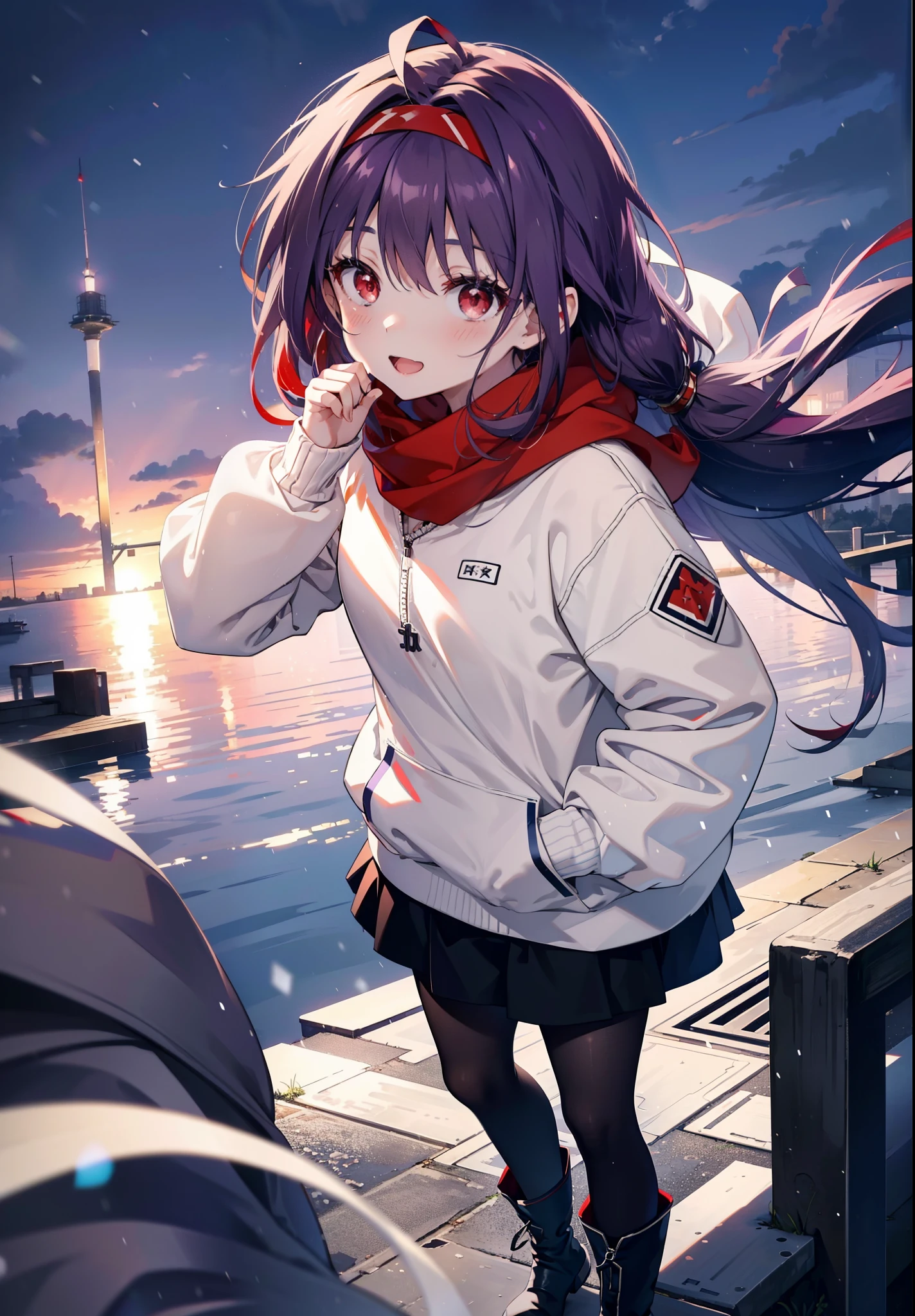 yuukikonno, Konno Yuuki, Long Hair, Pointed Ears, Purple Hair, (Red eyes:1.5), (Small breasts:1.2), Open your mouth,happy smile, smile, Open your mouth,hair band,low twin tail,Red Scarf,Oversized purple hoodie,Long skirt,Black pantyhose,short boots,He has his hands in his hoodie pockets.,snowが降っている,snowが降り積もっている,snow,snow,snow,snow,winter,Cold night,Walking,whole bodyがイラストに入るように,Looking down from above,
break looking at viewer, whole body,
break outdoors, In town,
break (masterpiece:1.2), Highest quality, High resolution, unity 8k wallpaper, (figure:0.8), (Beautiful attention to detail:1.6), Highly detailed face, Perfect lighting, Highly detailed CG, (Perfect hands, Perfect Anatomy),