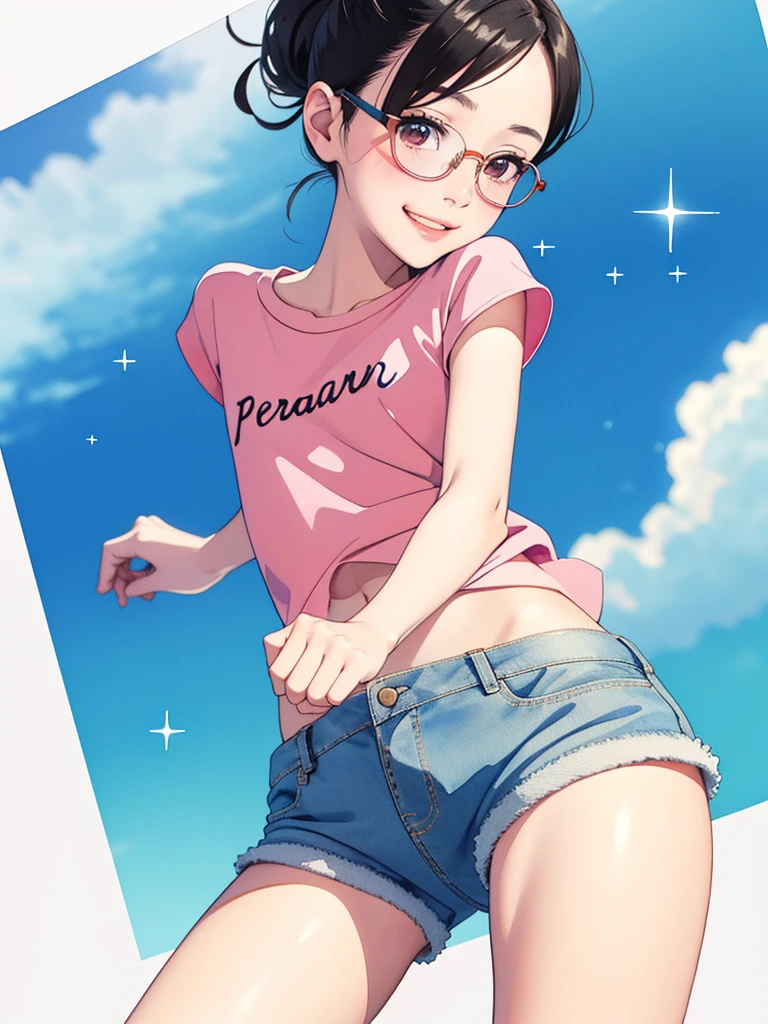 (masterpiece, Highest quality, detailed:1.3),(photograph:1.3), HD transparent background, Attention to detail,cute,One Girl, cute表情, smile,、Hair tied up、Sparkling eyes，Baby Face，Very short stature，very small flat chest，Very flat chest that looks like it might expand，Very small ass，Very thin limbs，Thin thighs，Oversized short print T-shirt，Short Denim Mini Skirt，Glasses，early summer，smile，blush，A little embarrassed，bright，Low Angle，bright色，watercolor，Ghibli style，正確でdetailedな女性の指，