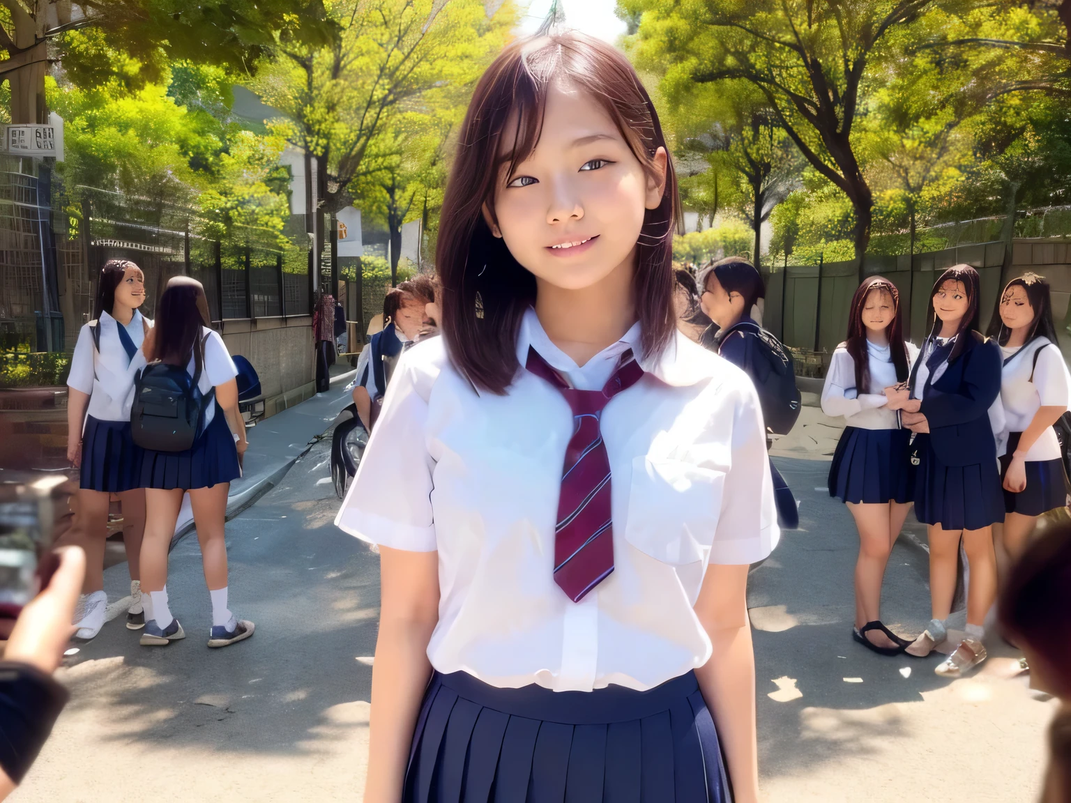 ((Multiple Girls:1.5、Five girls standing close together:1.5、high school girl:1.3、5 cute Japanese girls)、Women posing for a photo、Commemorative photo in front of the school)、(Realistic、Like a photograph、Live Action、(Realistic, RAW Photos, Best image quality: 1.4), Single-lens reflex camera、RAW Photos, Highest quality, Realistic, Very detailed CG Unity 8k wallpaper, Written boundary depth, Cinematic Light, Lens flare, Ray Tracing, Realistic background、(School Uniform:1.37、Pleated skirt:1.4、mini skirt:1.3、Toned body)、((Ultra-dense skin))、 5 cute japanese students、((((whole body:1.5))、Filming in progress:1.1、Serious expression))、Very detailed、Pay attention to the details、Perfect outfit、(White skin)、Beautiful legs:1.1、Front view、Anatomically correct body、Accurate fingering