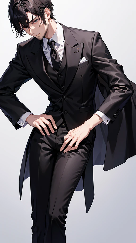 male、30 years old、less beard、Tired face、Glaring eyes、Long bangs、7:3 parting、Shot from the thigh up、Are standing、looking at the camera、Black suit、Black tie、White shirt、Plain background