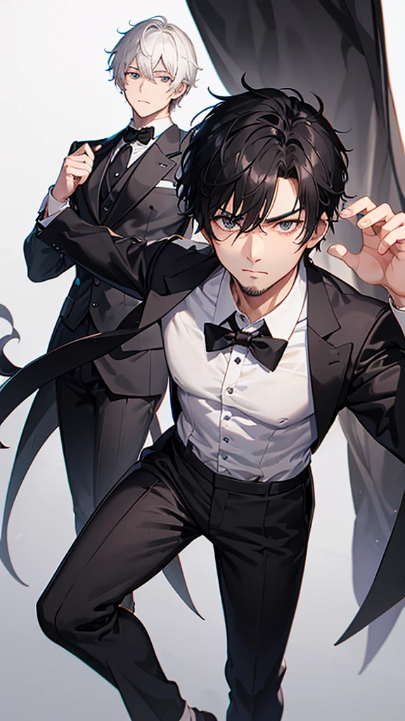 male、30 years old、less beard、Tired face、Glaring eyes、Long bangs、7:3 parting、Shot from the thigh up、Are standing、looking at the camera、Black suit、Black tie、White shirt、Plain background