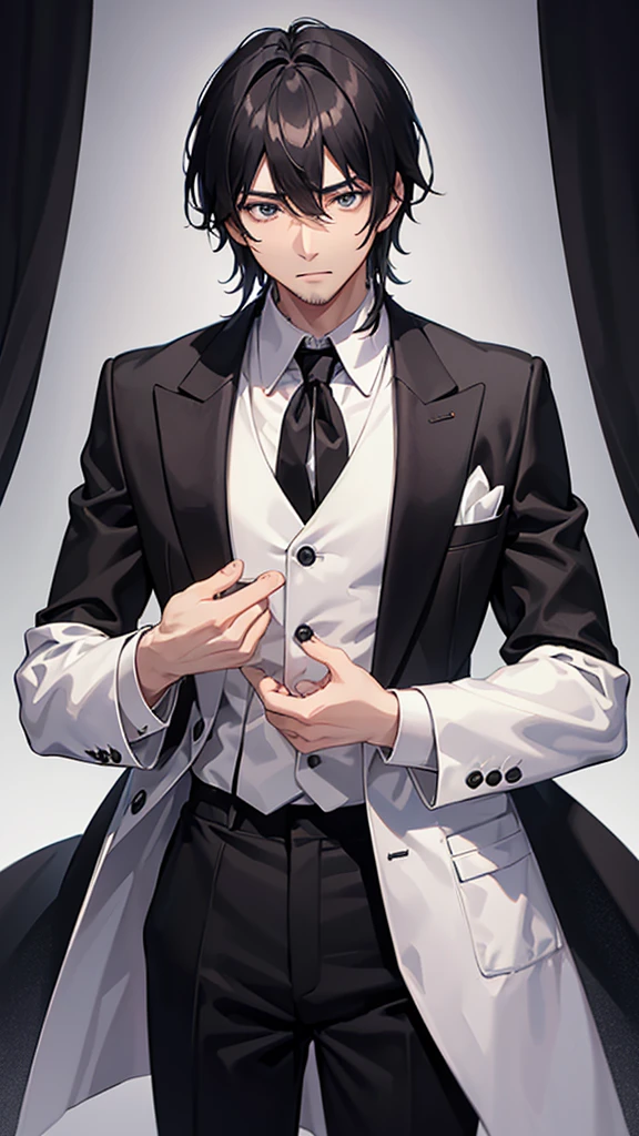male、30 years old、less beard、Tired face、Glaring eyes、Long bangs、7:3 parting、Shot from the thigh up、Are standing、looking at the camera、Black suit、Black tie、White shirt、Plain background