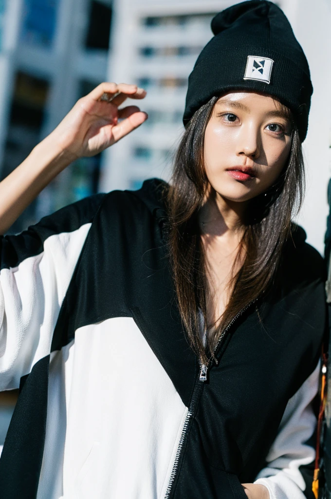 modern day rapper wearing alternative style clothing with a Beanie and zip up hoodie