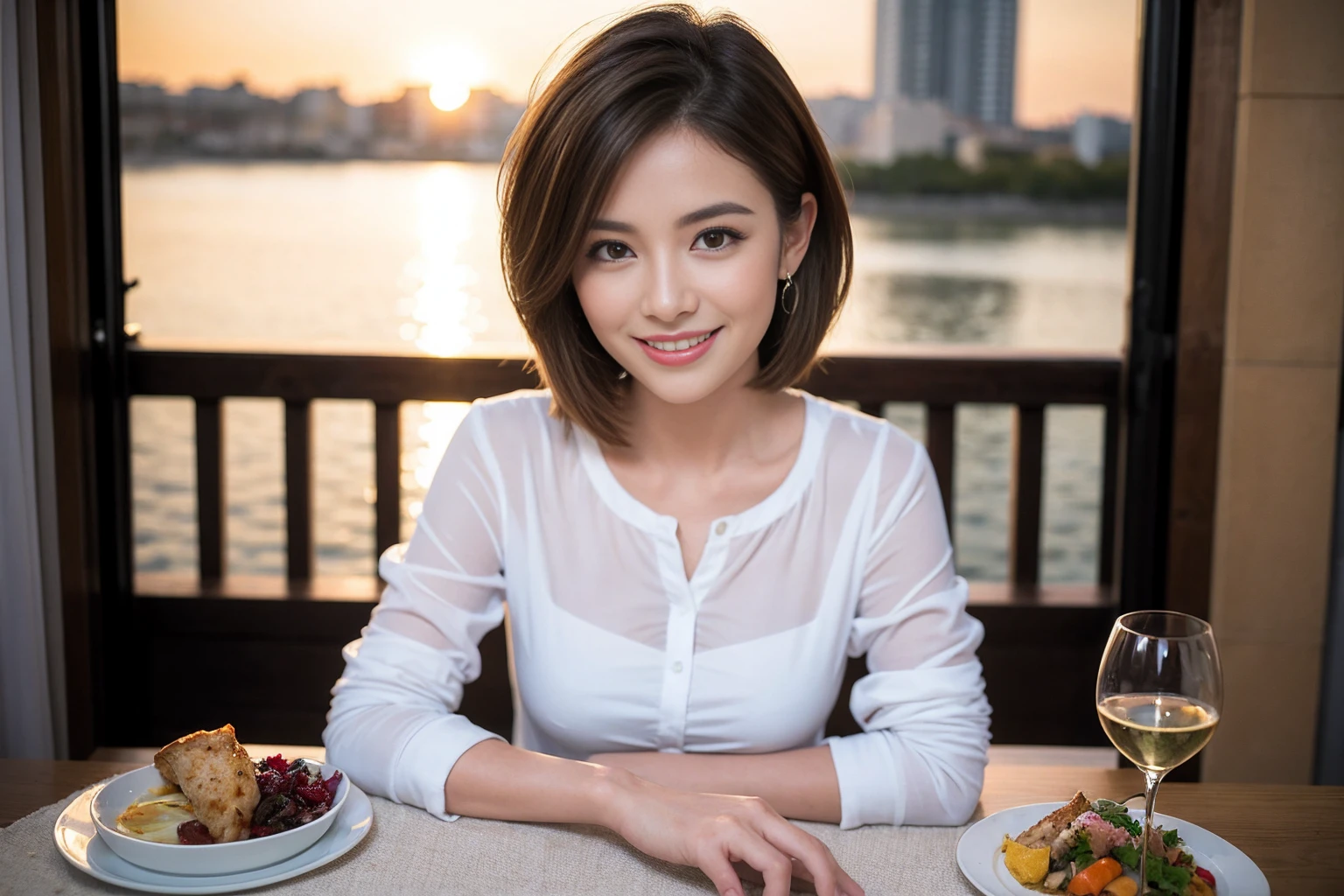 (Realistic:1.1),(masterpiece,Highest quality),8k,(40 years old), 42 years old, slimカップル、Model Couple、Actress/Actor、Tight waist,Upper Body,full-course dinner、wine 、Amazing view of the sunset sky and clouds、Perfect Anatomy, Brown Hair, Short Hair,Random Hairstyles,((Highly detailed face and eyes:1.2))(cute顔:1.4),Beautiful actress face,Perfect golden ratio face,Long sleeve shirt、dress,(smile:1.2)、Shortcuts、cute、(Realistic, Intricate details:1.2), A bright smile、short hair,Bright Face、赤wine 、Appetizers、Italian food、wine bottle、Champagne、スパークリングwine、(slimな顔), (The body is slim), (Brown Hair), (Shortcuts), Upper Body, 白wine, slim, wineグラス,