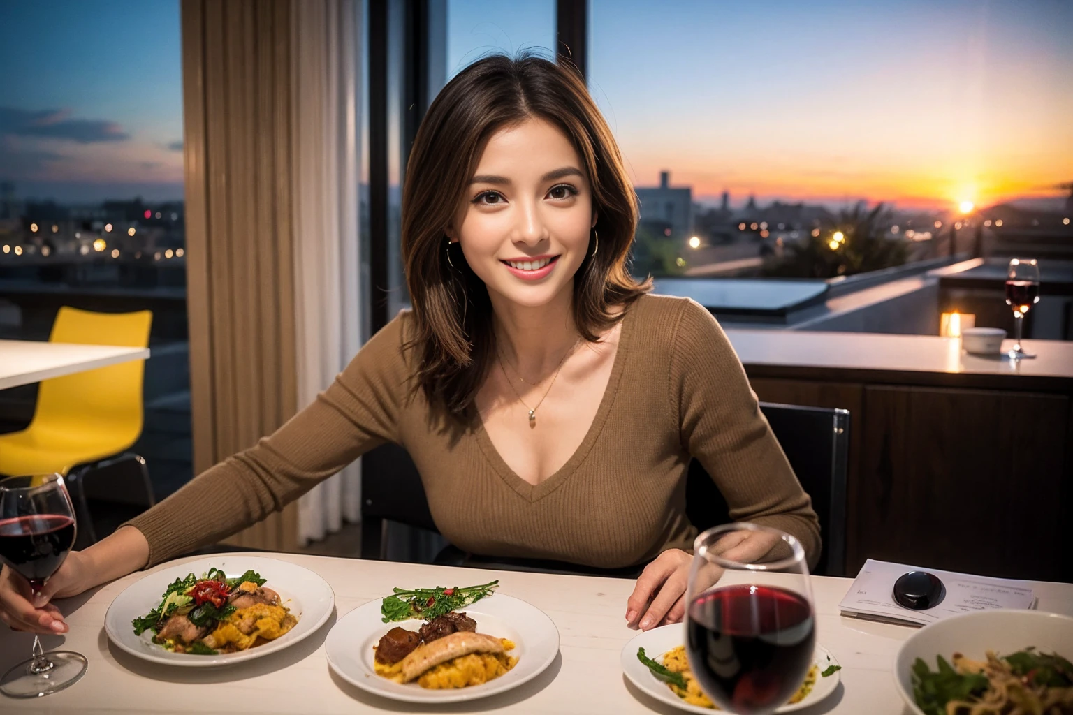 （Realistic:1.1）,(masterpiece,Highest quality)，8k,(40 years old), 42 years old, slimカップル、Model Couple、Actress/Actor、Tight waist,Upper Body,full-course dinner、wine 、Amazing view of the sunset sky and clouds、Perfect Anatomy, Brown Hair, Short Hair,Random Hairstyles,((Highly detailed face and eyes:1.2))(cute顔:1.4)，Beautiful actress face，Perfect golden ratio face，Long sleeve shirt、dress,(smile:1.2)、Shortcuts、cute、(Realistic, Intricate details:1.2), A bright smile、short hair,Bright Face、赤wine 、Appetizers、Italian food、wine bottle、Champagne、スパークリングwine、(slimな顔), (The body is slim), (Brown Hair), (Shortcuts),  Upper Body, 白wine, slim, wineグラス, 