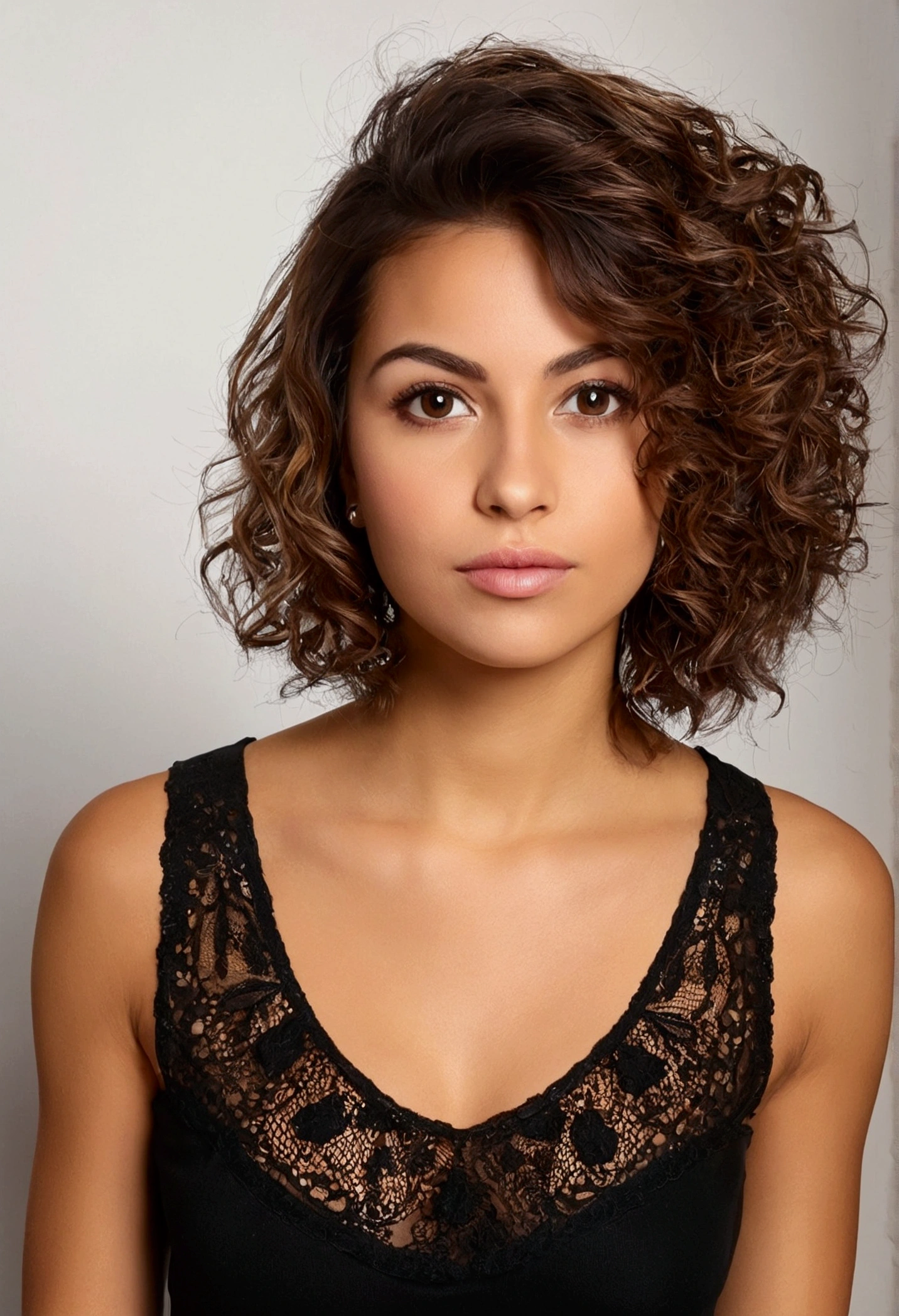30 year old girl with cheveux bruns and yeux marrons, heureux, expression joyeuse, bouche fermée, Beau lips, nez très fin, latina girl, très détaillé, Magnifique,très détaillé, texture de peau détaillée, (Rougir: 0.5), (chair de poule: 0.5). (cheveux bruns) (cheveux courts et bouclés, les cheveux sauvages, coupe élégante) visage mince, nez très fin, parfait face, mince body (mince), (cheveux bruns) (yeux marrons ) (peau blanche)Abstract painting. With the same outfit. Lace top. Black jeans