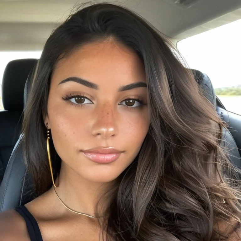 Une jeune femme cheveux noir long légèrement ondulé, de couleur châtain foncé. Les boucles sont bien définies , avec une touche naturelle et vibrante.peau claire, avec un teint légèrement doré, caractéristique des régions ensoleillées de la colombie. yeux : clairs, de couleur maron ou noir ajoutant une touche captivante à son apparence. visage : Forme ovale, avec des traits doux et harmonieux. Ses pommettes sont légèrement saillantes, et elle a un sourire craquant. âge : environ 18 ans, dégageant une aura de jeunesse et de vitalité et à l'apparence la plus réel que possible. Elle est à l'aéroport avec sa valise, habillé décontracté avec un croc top