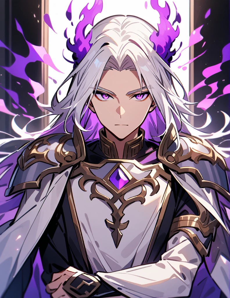 Greek boy with shoulder-length long white hair, violet eyes, with silver shoulder pads, looking at his arm which is covered in purple fire