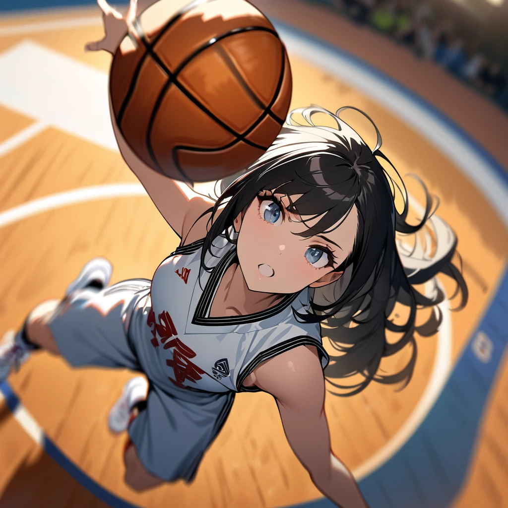 (masterpiece),(Highest quality),(High resolution),(Very detailed),One Woman,Japanese,Basketball Player,Black Hair,Short Bob,Beautiful Eyes,Long eyelashes,Beautiful Hair,Beautiful Skin,Powerful dunk shot illustration,High jumps,Depiction from above,(Dynamic Movement),(Background is a basketball court),(((Background Blur)))