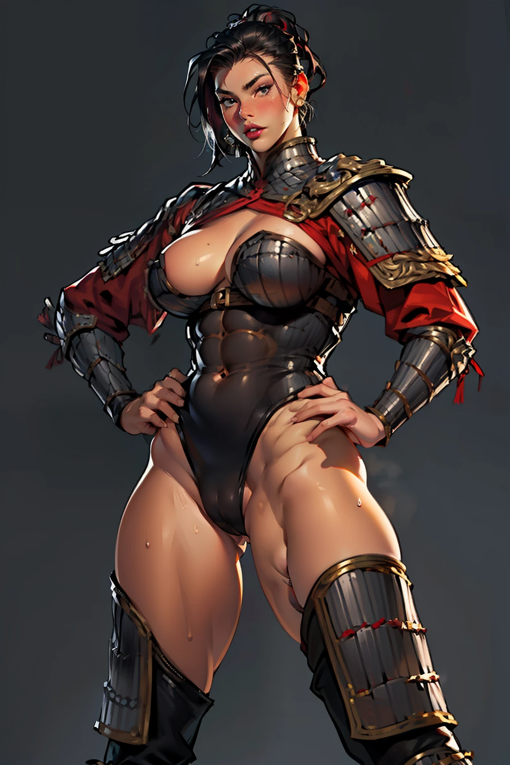 (high resolution, pixel perfect, gorgeous illustrations), (hyper quality, muste piece, etheric: 1.4), ((nsfw)), ((ambiguous gender)), (((cowboy shot))), face focus, ((1girl)), (female savage), woman, dominatrix, (((sexy pose))), cool atmosphere, black hair, (((((slicked_back_hair))))), Exquisite face, (((black_lips))), blush, (((((((muscular_female))))))), (thick thighs, wide hips, Big breasts that are about to burst), fighter, (((wh_chi_armor))), ((leotard armor)), see through, (((((cameltoe))))), high heel boots, shiny skin, gleaming skin, sweat, simple background,