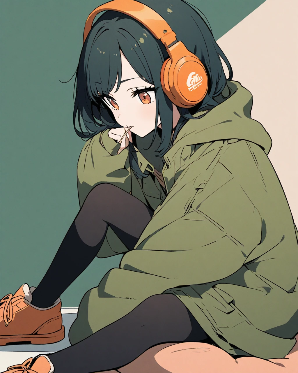 An anime-style illustration of a young woman with chin-length, dark teal hair wearing oversized, orange headphones. She is sitting in a crouched position, clad in a baggy olive green coat, dark leggings, and thick-soled shoes. She has a serene expression and is holding a toothpick in her mouth. The background is a flat, warm peach color.