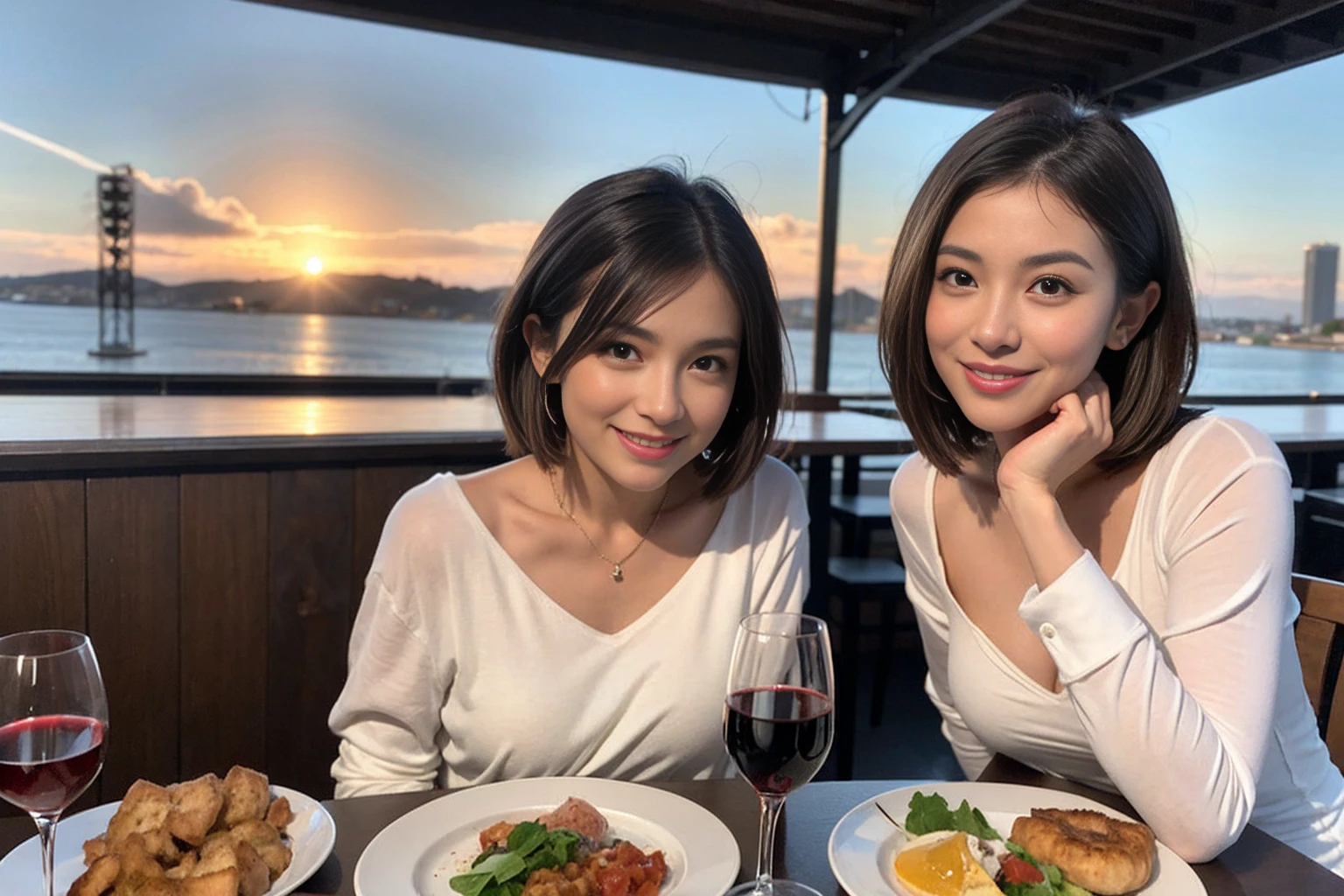 (Realistic:1.1),(masterpiece,Highest quality),8k,(37 years old), 42 years old, slimカップル、Model Couple、Actress/Actor、Tight waist,Upper Body,full-course dinner、wine 、Amazing view of the sunset sky and clouds、Perfect Anatomy, Brown Hair, Short Hair,Random Hairstyles,((Highly detailed face and eyes:1.2))(cute顔:1.4),Beautiful actress face,Perfect golden ratio face,Long sleeve shirt、dress,(smile:1.2)、Shortcuts、cute、(Realistic, Intricate details:1.2), A bright smile、short hair,Bright Face、赤wine 、Appetizers、Italian food、wine bottle、Champagne、スパークリングwine、(slimな顔), (The body is slim), (Brown Hair), (Shortcuts), Upper Body, 白wine, slim, wineグラス,