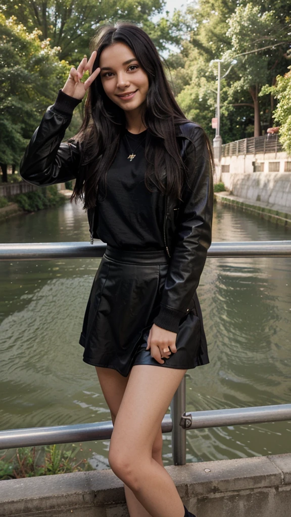 Create a realistic image of a beautiful 19 year old girl with long black hair wearing a long light brown leather jacket inside she is wearing a dark brown shirt she is also wearing a black skirt . She is standing infront of a railing and behind the railing there is a long circular river bordered by a railings behind which has a road. The girl is smiling and is really happy and is posing a peace sign to the cameramake sure it looks more real