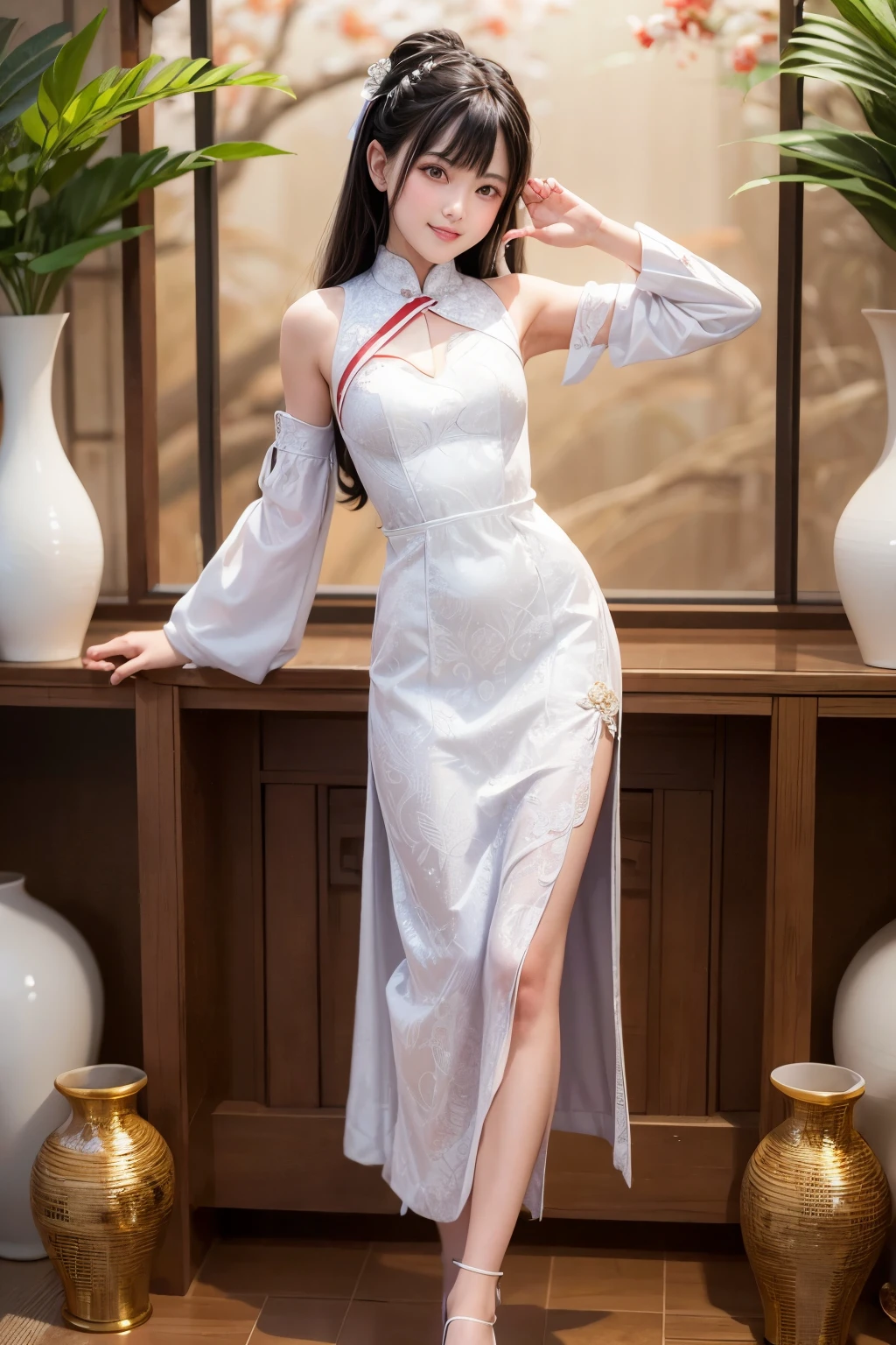 masterpiece,Highest quality,Very detailed,beautiful girl,Beautiful white patterned Chinese dress,Exercise martial arts,Fearless smile, teenager,Black Hair,Beautiful and detailed eyes,skinny,Small breasts, full body,Dynamic,bamboo forest