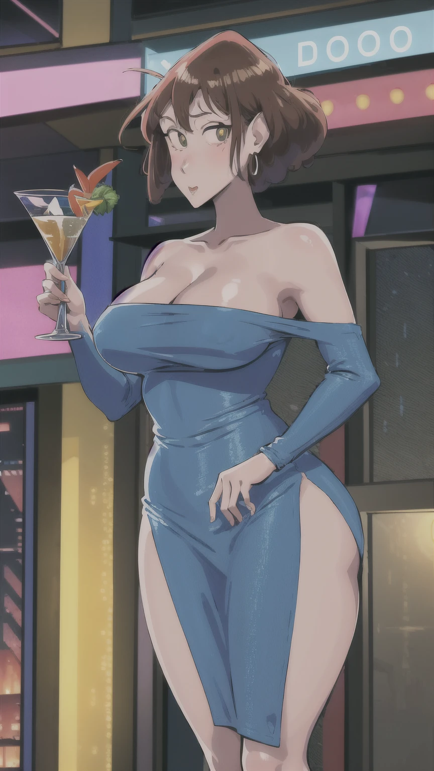 (NSFW), Misae Nohara, full body, thick thighs, hourglass figure, half naked, Looking at the viewer with seductive eyes, Misae Nohara, exposed breasts, 1girl, solo, ((32 years old, wearing a blue sequin dress, long eyelashes, looking at the viewer, holding a martini glass)), sci-fi, futuristic coloring, vibrant lighting, (Background: Indoors, night club, bar, neon lights, futuristic, Sci-Fi, cyberpunk theme, futuristic technology in the background), brown black hair, hard nipples, exposed vagina, best quality, highres, bbyorf, gold earrings, large breasts, jewelry, off shoulder, red transparent sweater, sweater transparent dress, long sleeves, no panties, outdoors,