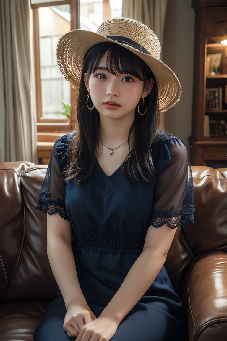 (Highest quality:1.4),(masterpiece:1.4),(Realistic:1.4),(Realistic:1.2),(超High resolution, RAW Photos:1.4),(High resolution, Ultra-detailed:1.2),(8k:1.2),View your viewers,Cinematic photography,One girl,skeletally correct,Black-haired woman,(Small earrings,necklace,Neat dress,Straw hat),(Western-style building interior,Dimly lit room,The lamplight shines on my cheeks,Sit on the sofa)