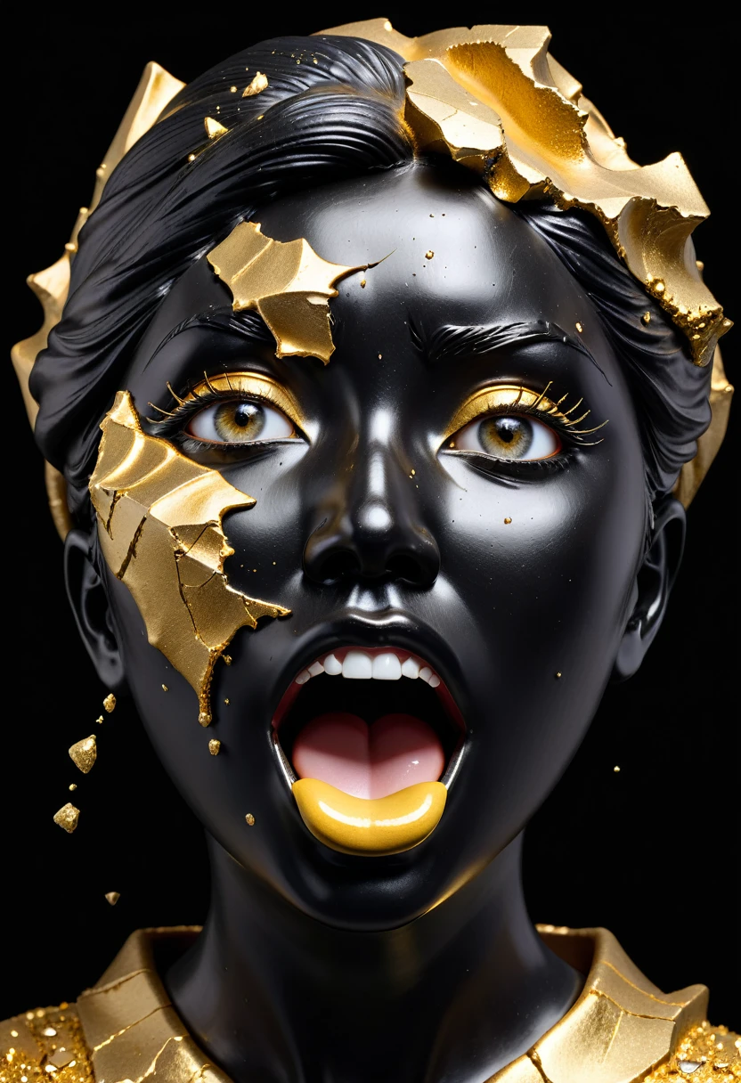 naughty ,(long tongue rolling eyes ),Perfect eyes,((exhibit,Still Life Table,Artistic statues,3D Sculpture,ceramics,Surface cracks,Shattered Texture)), Show the beauty of nature.Kaneko,Gold Dust,portrait, This artwork is presented on a black background,Emphasize its artistic quality.