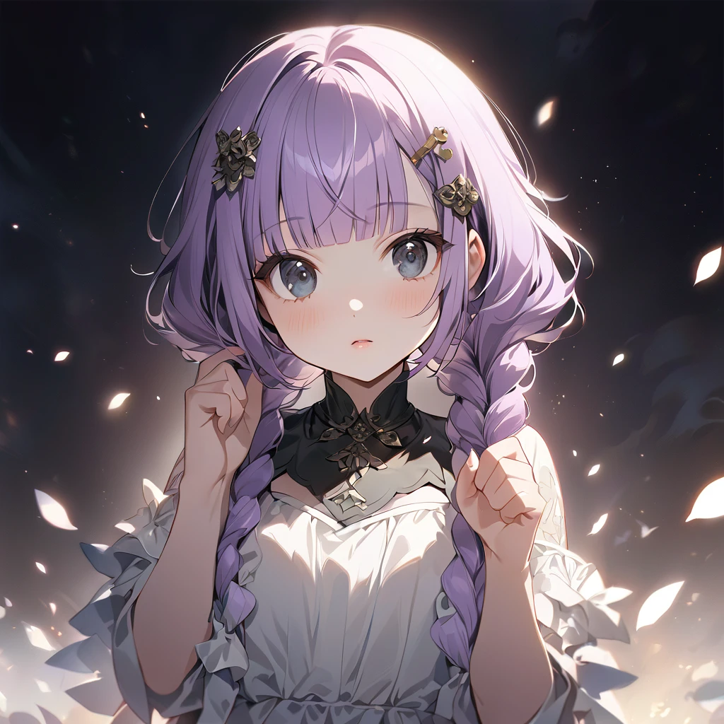(Cute a girl:1.5), (a chibi girl with closs hair pin, pale purple hair, wavy two braids, blunt bangs hair, green and black eyes:1.4), anime visual, (tilt head:1.3), realistic lighting and shading, (an extremely delicate and beautiful art:1.3), (from front:1.1),The girl puts both hands on her head and poses with three fingers up, cowboy shot.