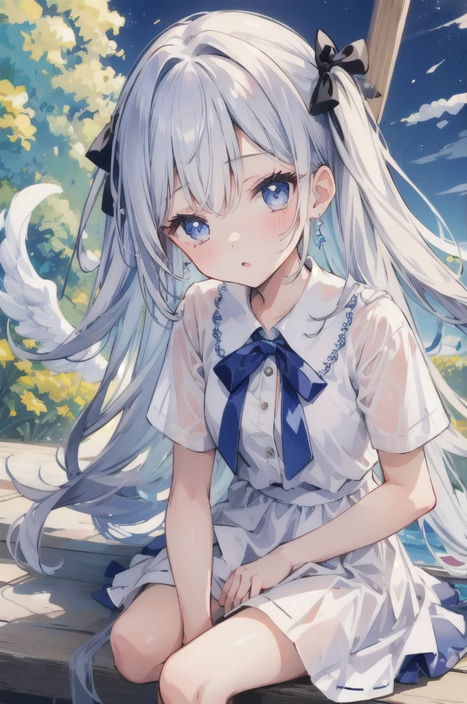 masterpiece, best quality, extremely detailed, (illustration, official art:1.1), 1 girl ,(((( light blue long hair)))), light blue hair, ,12 years old, long hair ((blush)) , cute face, big eyes, masterpiece, best quality,(Official Art、highest quality、Unity 8k wallpaper、32k、masterpiece、Ultra-detailed、超A high resolution)、Fantasy、((Alice in Wonderland))、Tie your hair with a ribbon、Blue Apron Dress、White socks、Trump、Usagi
